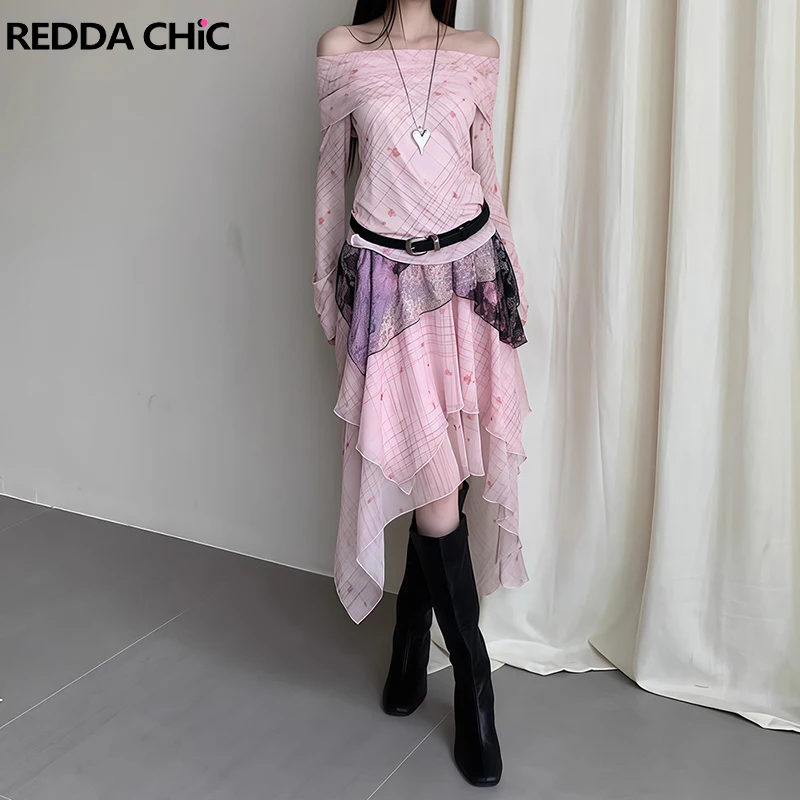 REDDACHiC Tartan Floral Top Skirt Matching Set Women One-Shoulder T-Shirt Irregular Ruffle Flowy Long Skirt Retro Y2k Clothes