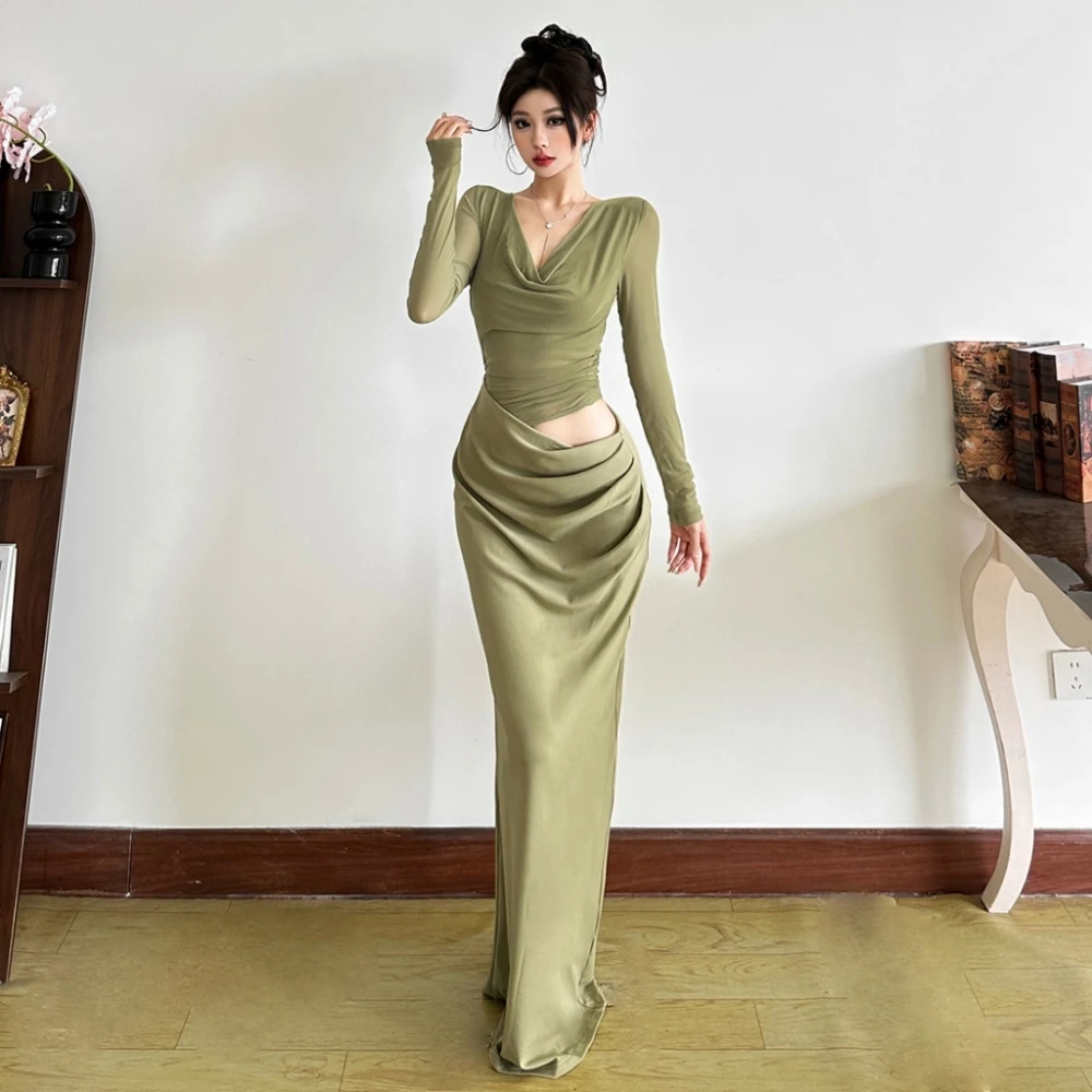 فساتين طويلة أنيقة مكشكشة من SylCue للسيدات، رقبة منخفضة وأكمام طويلة، تصميم مجوف بدون خصر، تصميم عصري غير رسمي