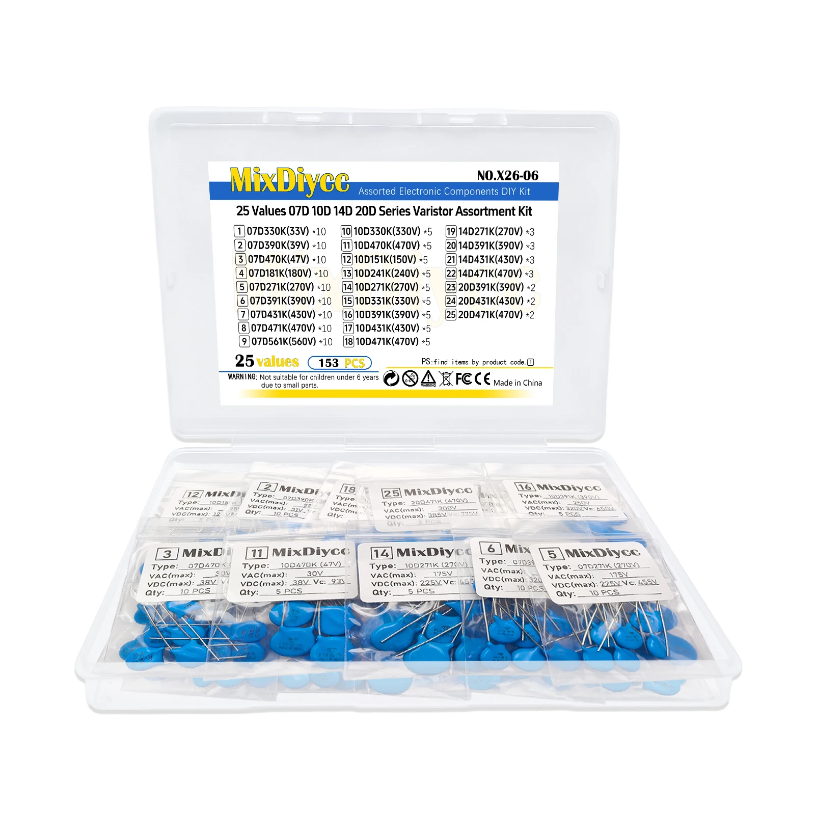 25 Values Varistor Kit piezoresistor VDR 07D/10D/14D/20D 330K/390K/470K/151K/241K/271K/331K/391K/431K/471K/561K Total 153Pcs