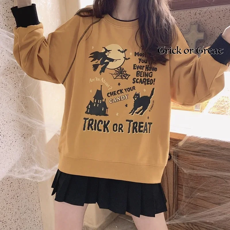 

Trick or Treat Halloween Sweatshirt Women Autumn Witch Cat Castle Star Print Loose Raglan Sleeve Cotton Pullovers Kawaii Clothes