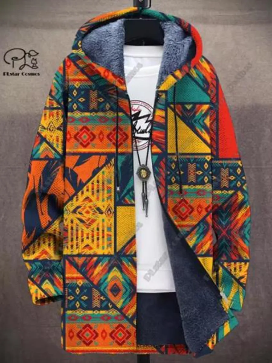 

Men's Winter Zip Cloak Geometric Gradient Pattern 3D Printed Plush Thick Zipper Hoodie Neutral Street Casual Warm Jacket Z0354