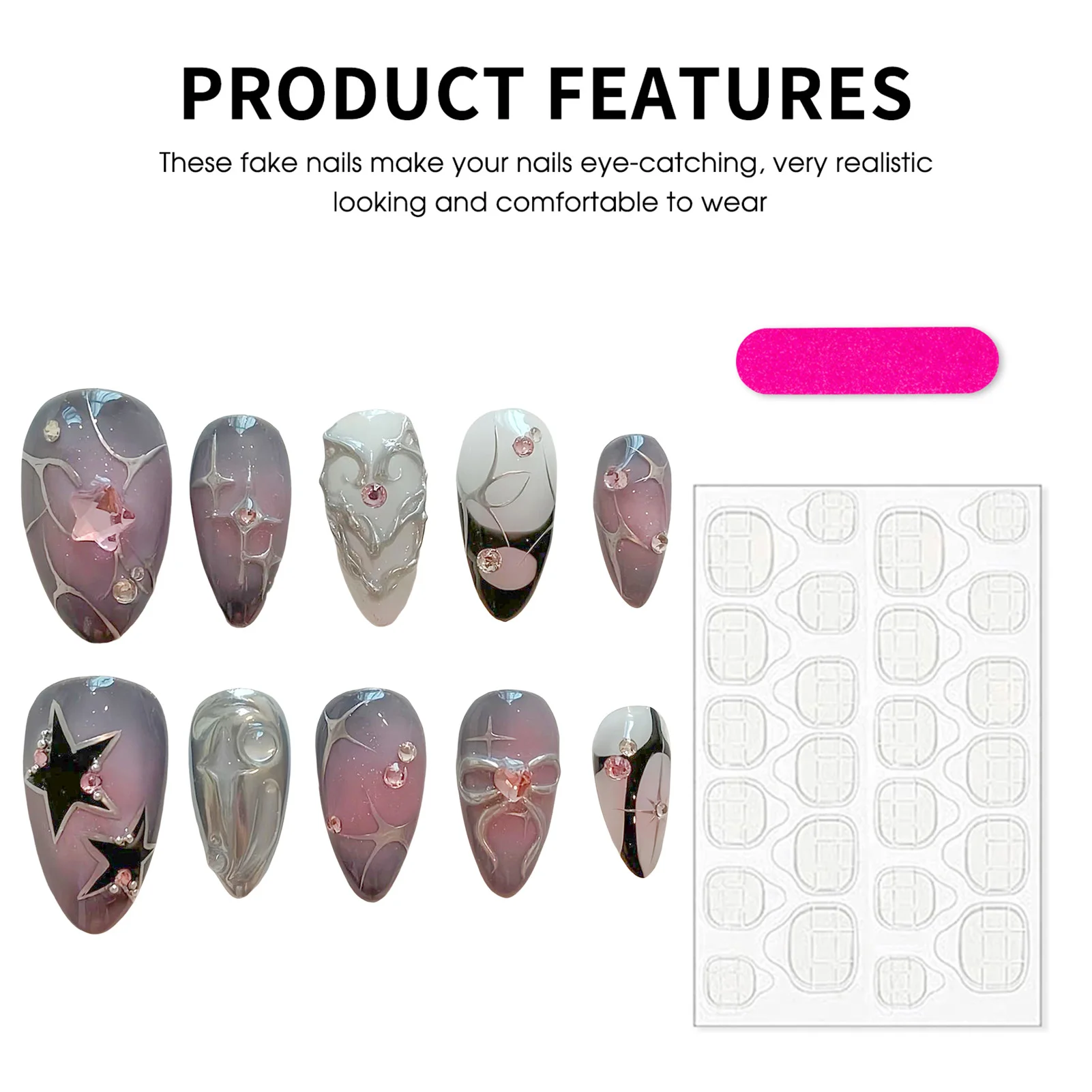 10 قطعة Y2K الفتيات اليدوية الصحافة على الأظافر نجمة فضية تصاميم أحمر الخدود الوردي اللوز السحر الأظافر وهمية لامعة الماس ديكور رسومات أظافر #6