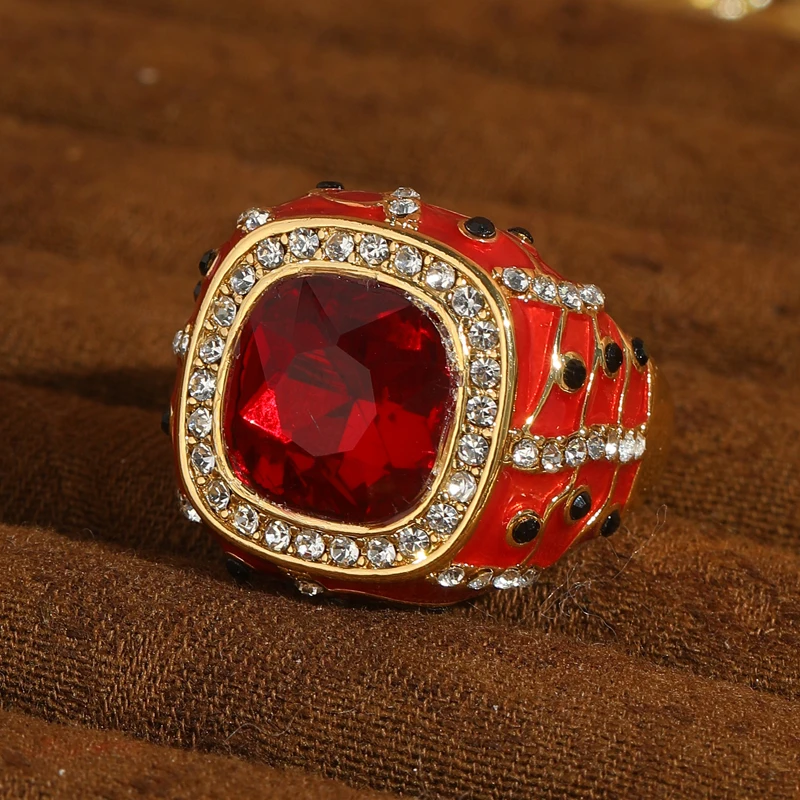 

﻿ Vintage Red Crystal Rings Square Rhinestone Enamel For Women Accessories Open Gold Plated Jewelry Luxury Designer 2025 Trends