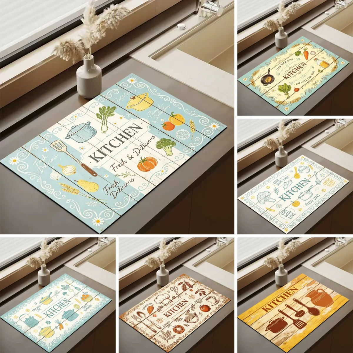 VIKAMA Vintage Floral Kitchen Mat Super Absorb Non Slip Dish Drain Pad Fresh Vegetable Print Farmhouse Sink Counter Decor Cushio