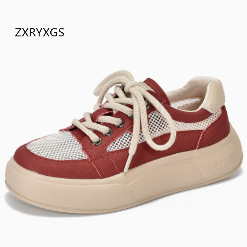 ZXRYXGS 2026 New Lace-up Premium Mesh Cowhide Splice Spell Color Breathable Sneakers Trendy Shoes Flat Thick Sole Women Sneakers