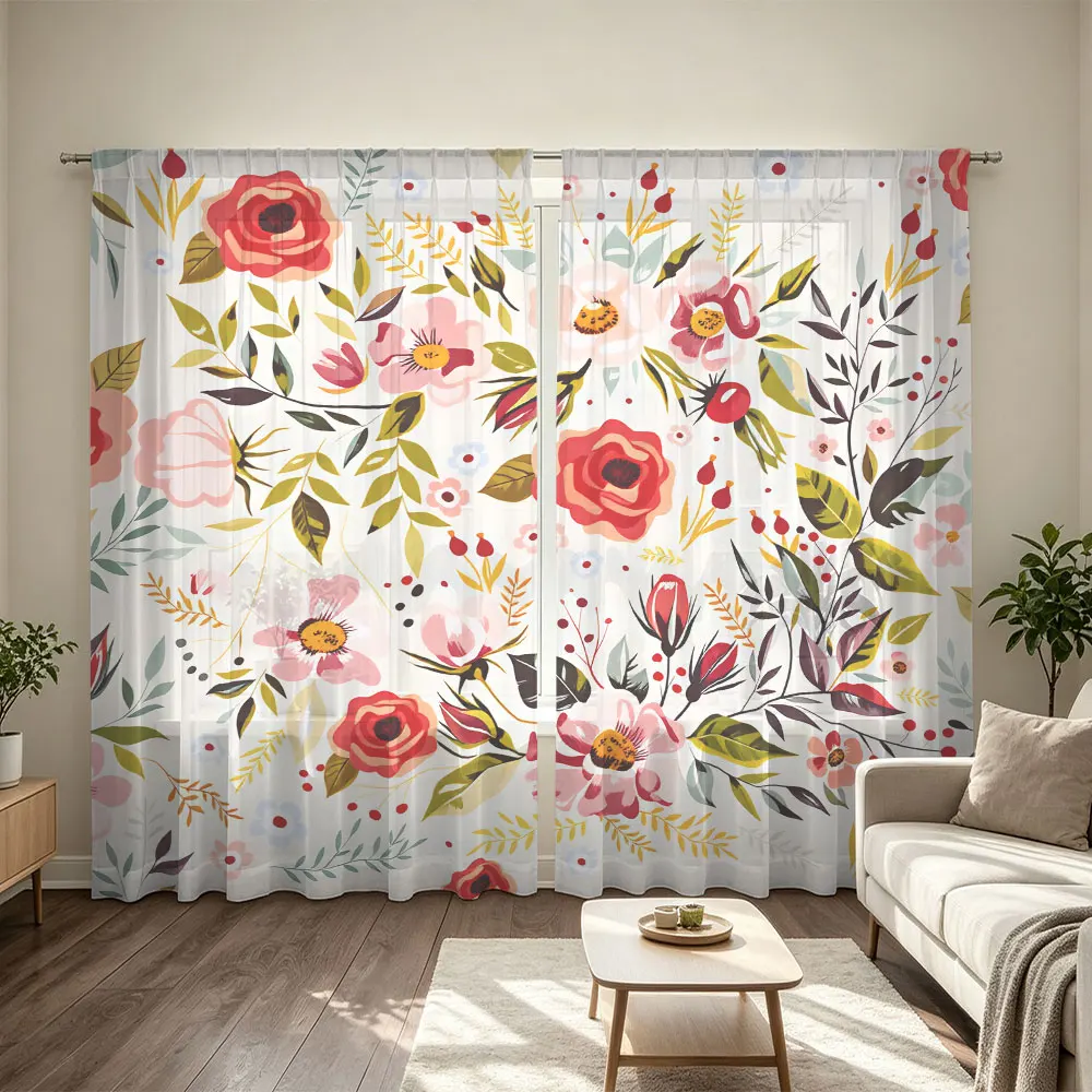 2Pcs Rod Pocket Curtain Light Block Privacy Drape Living Bedroom Retro Red Floral Leaf Print Window Curtain For Home Decor