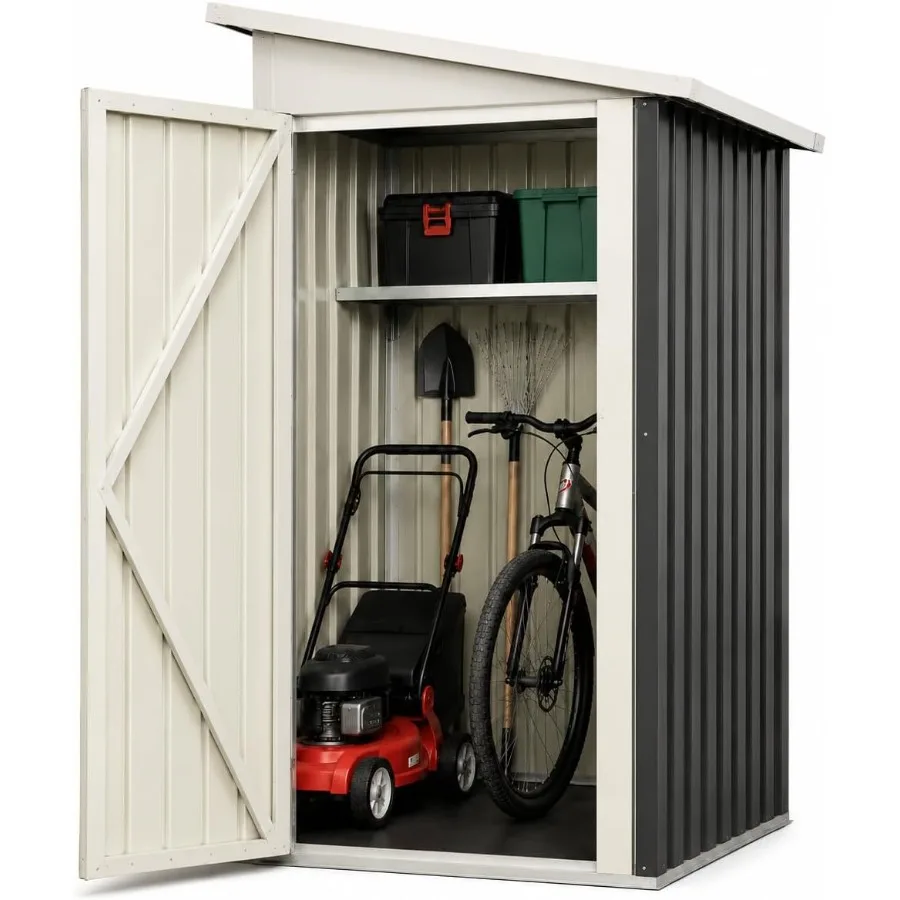 Outdoor metal storage shed for feet and garden tools, gray finish with rust-resistant coating and compact design
