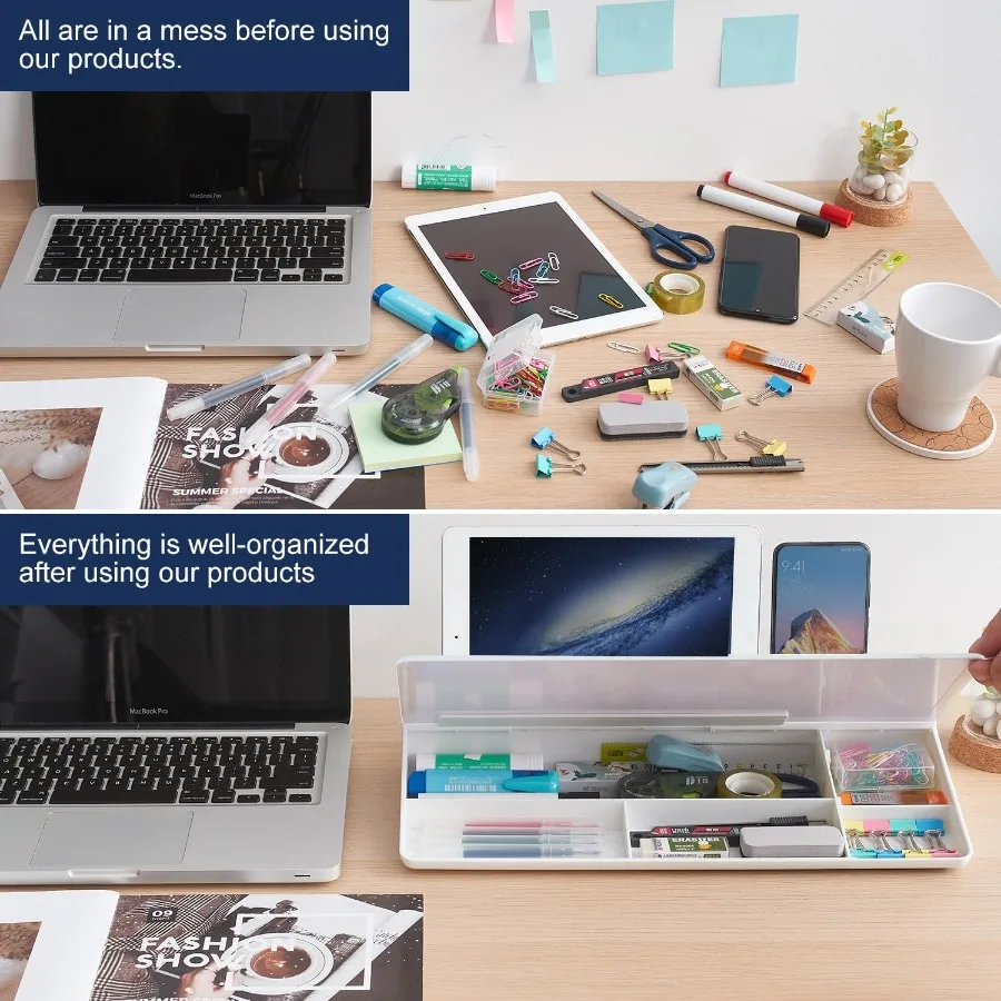 سبورة بيضاء صغيرة لسطح المكتب من الزجاج، لوحة مفاتيح للكمبيوتر، حامل لوحة مفاتيح بيضاء مع منظمات مكتب بأدراج مع أ