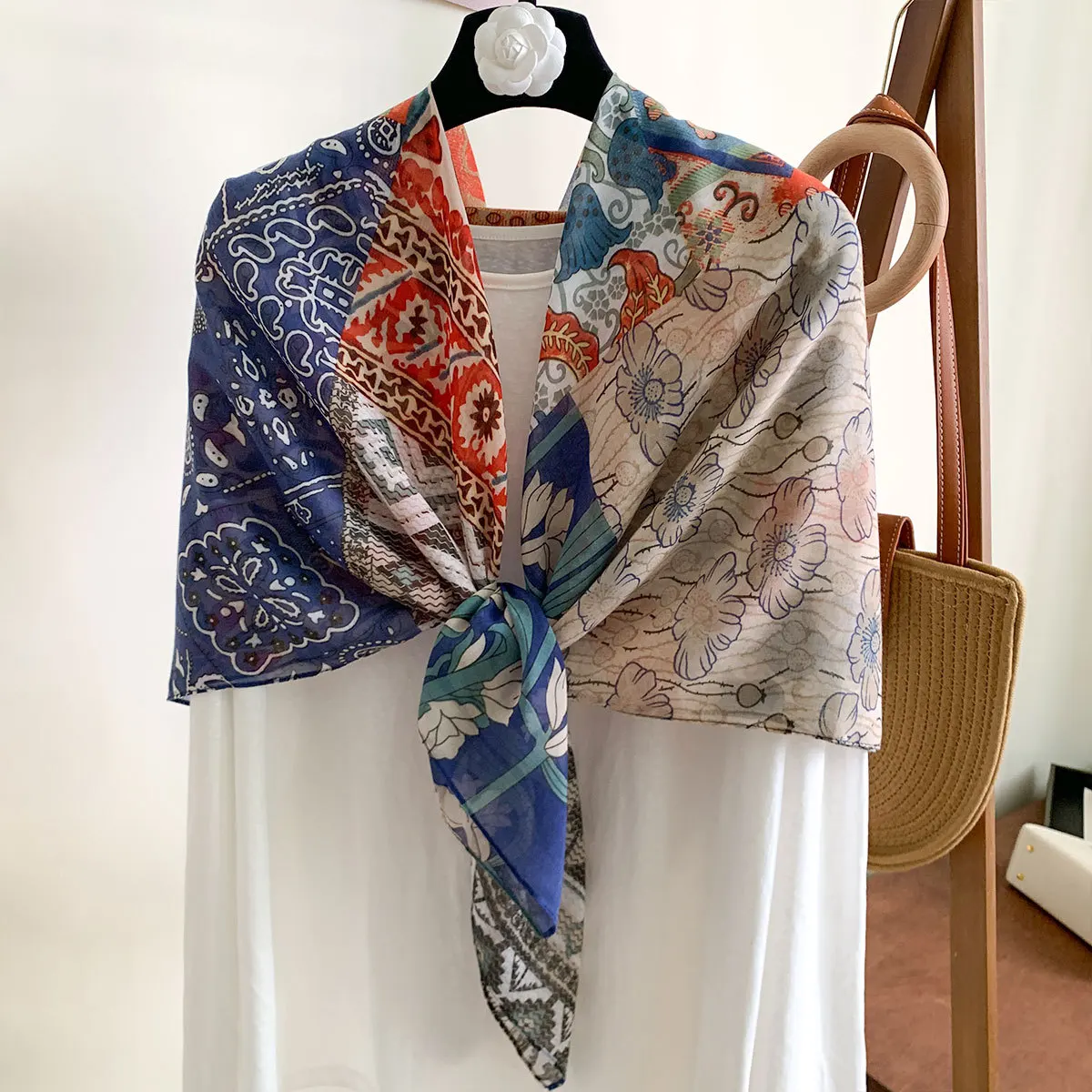 

New 110cm French Vintage Gradient MultiColor Large Scarf Women Sun Protection Shawl Hair Wrap, Breathable Faux Silk Cotton Hijab