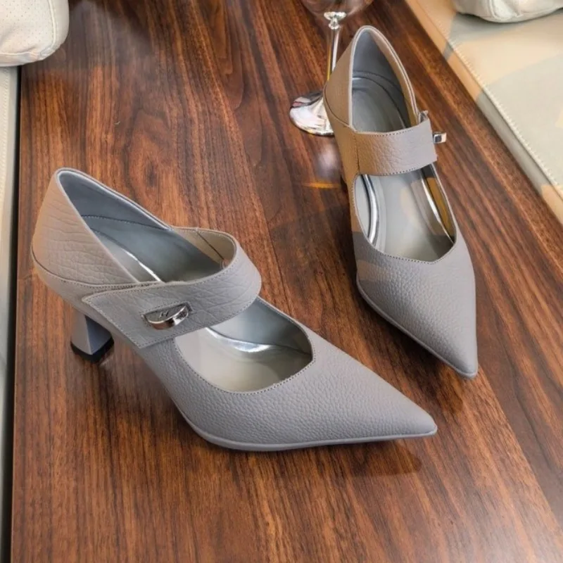 Women's Fashion Pointed Toe Shallow Mouth Metal Buckle One Slip Anti-Slip Wear-Resistant High Heels view 2
