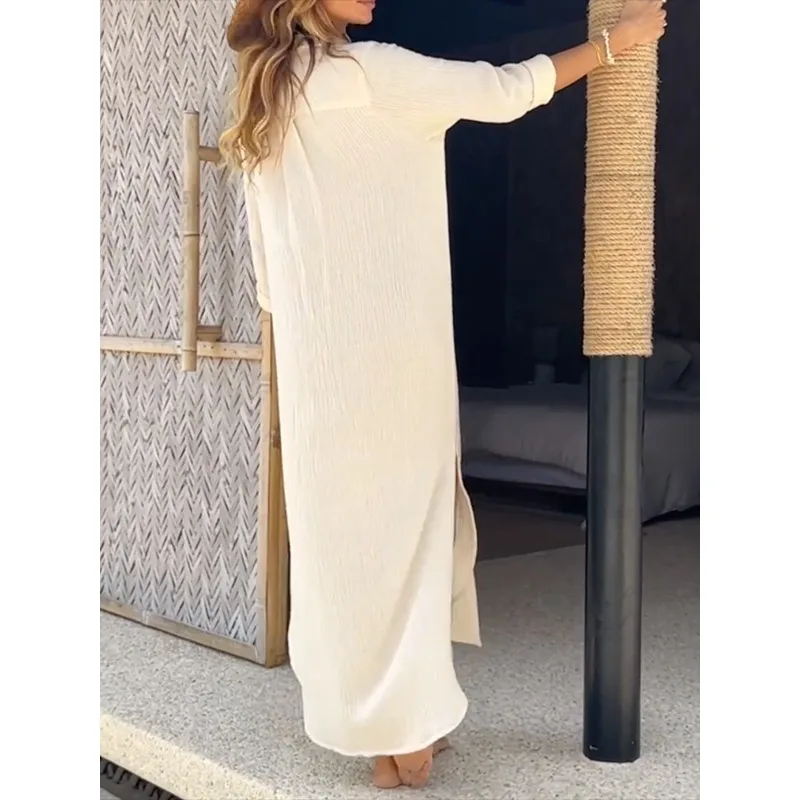 المشمش سبليت الجانب فساتين طويلة للنساء 2025 فضفاضة تناسب تقسم زر جيوب التلبيب كم طويل قمصان بسيطة فستان 180258 #2