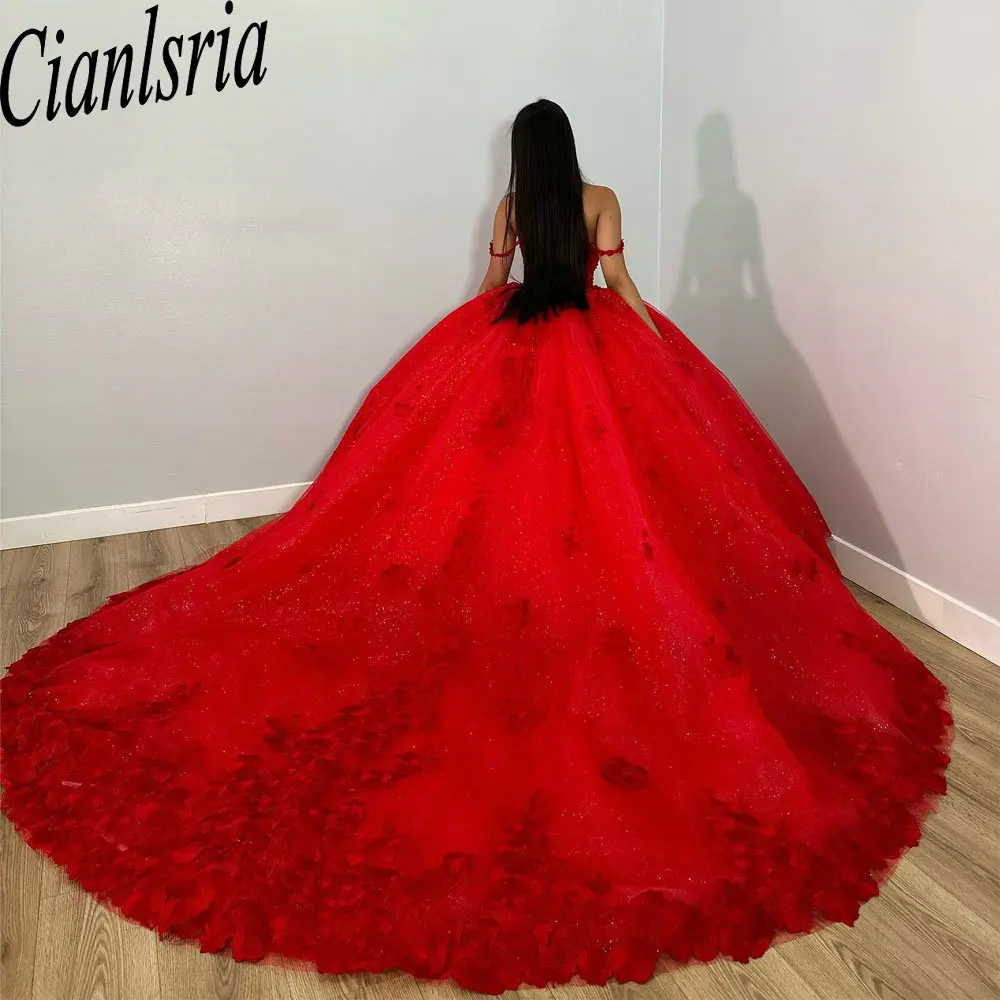 Merah dari bahu 3D bunga Quinceanera gaun bola Glitter kristal applique renda korset Vestidos De 15 ainggos