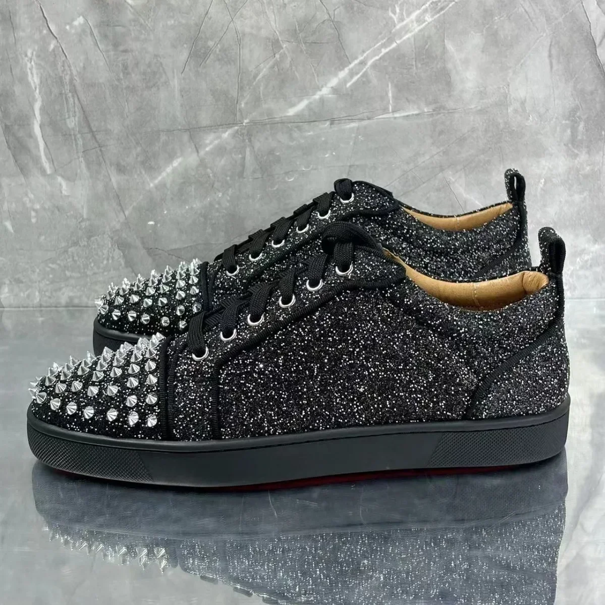 

Round Toe Zapatillas De Mujer Black Leather Sequins Bling Sports Shoes Erika New Lace-Up Sneakers Rhinestones Silver Rivets 2026
