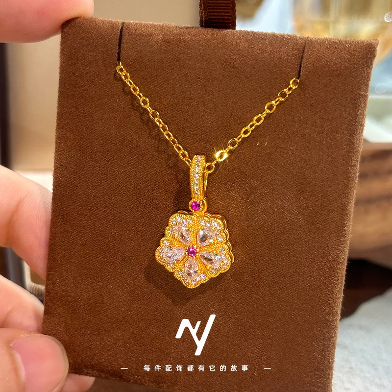 

Роскошное ожерелье из настоящего золота 9999 24 карата с пятью лепестками, полное бриллиантов, высококачественное сверкающее ожерелье с пятью лепестками для девочек-цветочниц