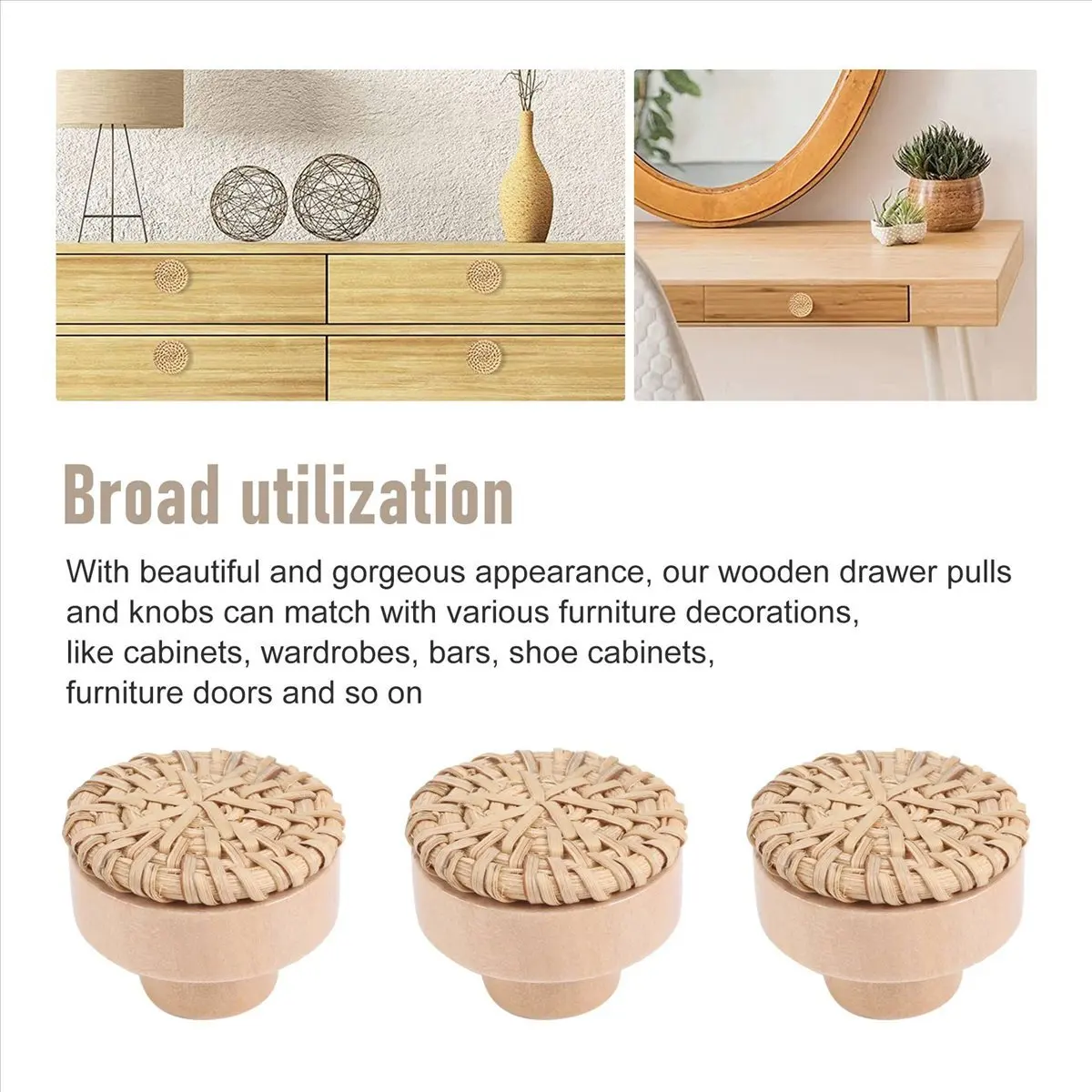 *A* Boho Rattan Dresser Knobs Round Wooden Drawer Knobs Handmade Wicker Woven and Screws for Boho Furniture Knobs 6Pcs