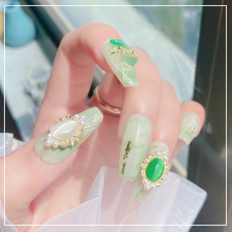 5Pcs  Alloy Cat's Eye Stone Nail Charm With Pearls Iridescent Stones Photo Frame INS Style Ornament DIY Gel Nail Manicure Decor