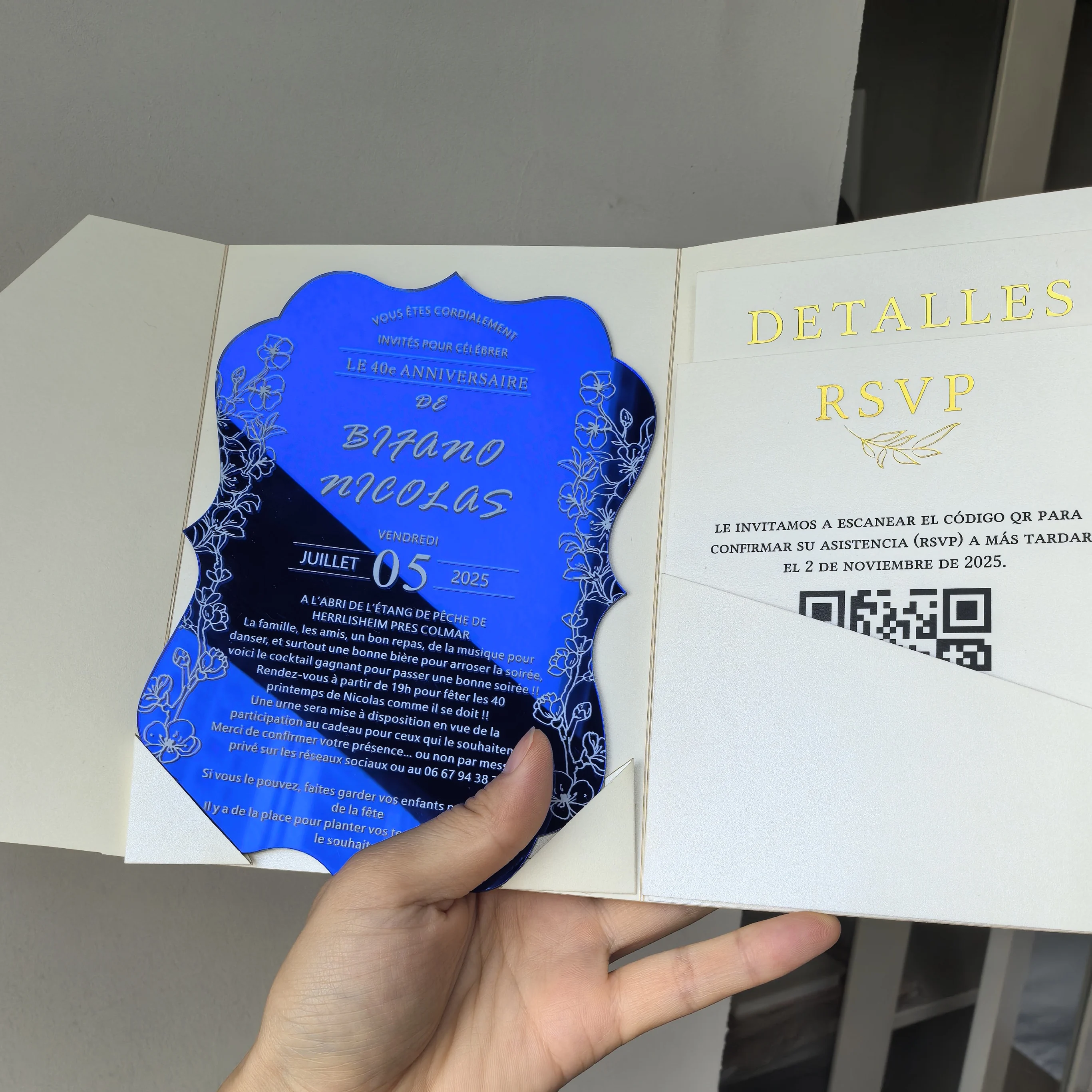 Hebrew Custom Tri Folded Holder Acrylic Card With an Rsvp Pocket and a Photo Under the Area Where the Acrylic Invitations Go