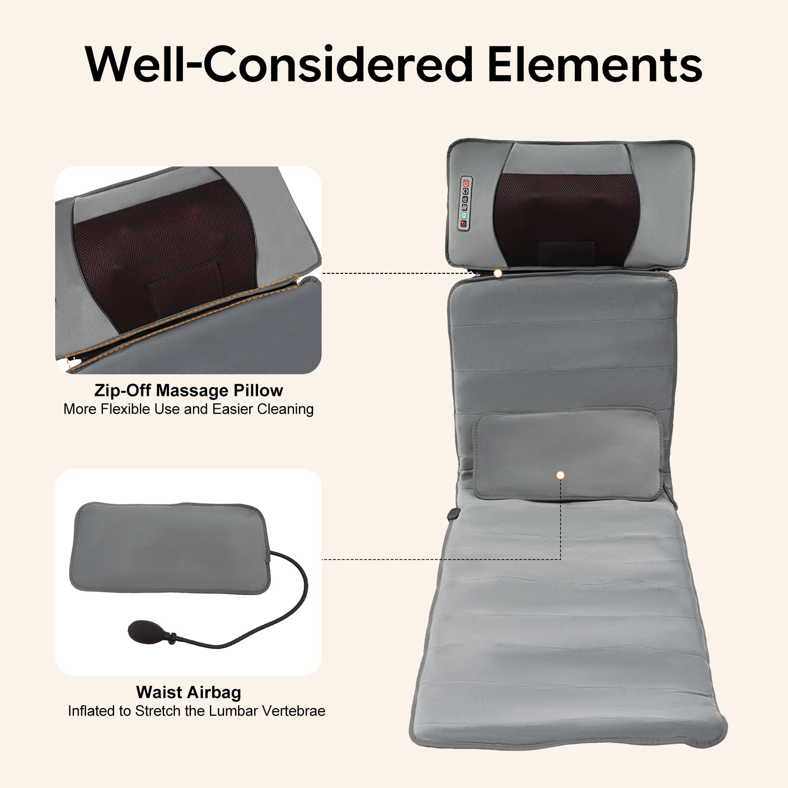 Cojín de masaje eléctrico para todo el cuerpo, para cuello, hombros, espalda, cintura y cadera, masajeador vibratorio Shiatsu con calor, 20 cabezales de masaje, 10 motores, 9 modos, 9 velocidades, 9 intensidades, estiramiento con airbag para la cintura, protección contra sobrecalentamiento, plegable
