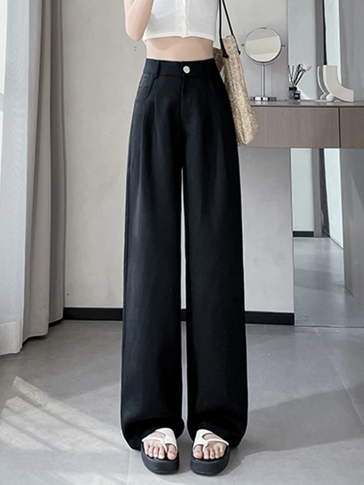 Calças de Cintura Alta em Seda de Gelo e Linho para Mulheres, Novas Calças Largas Casuais de Verão, Calças Retas para o Dia a Dia