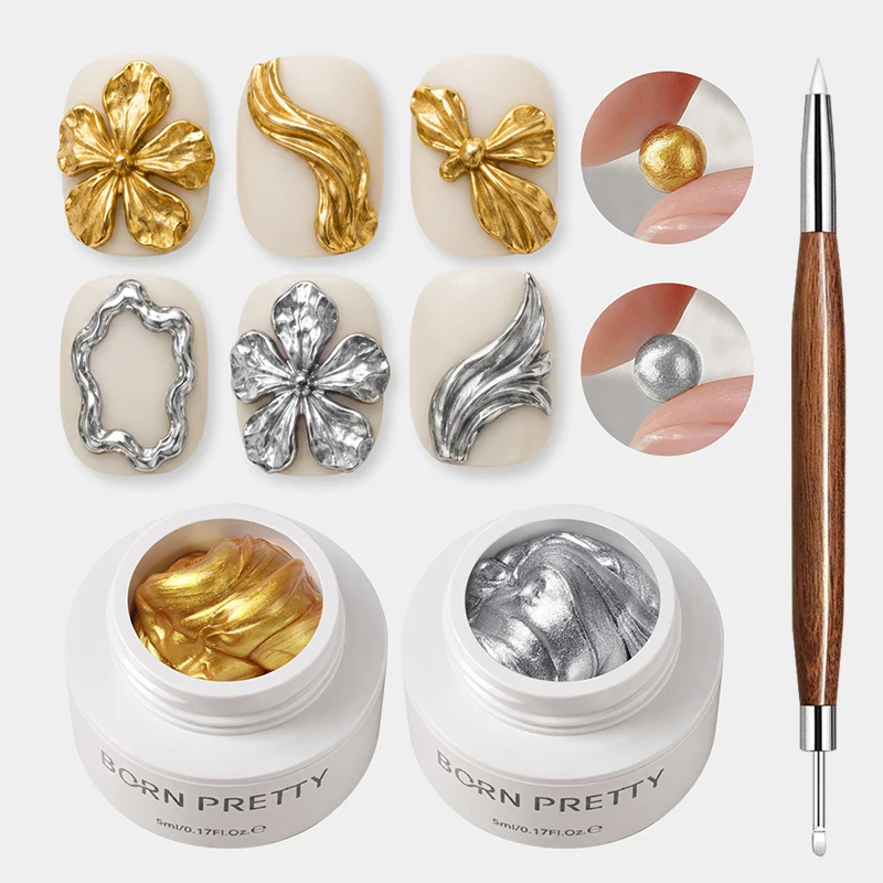 BORN PRETTY 1/2/3pcs Metallic 5D Sculpting Gel Nail Polish Set 5ml Gold Silver Non‑Flow High Saturation Nail Shaping Molding Gel