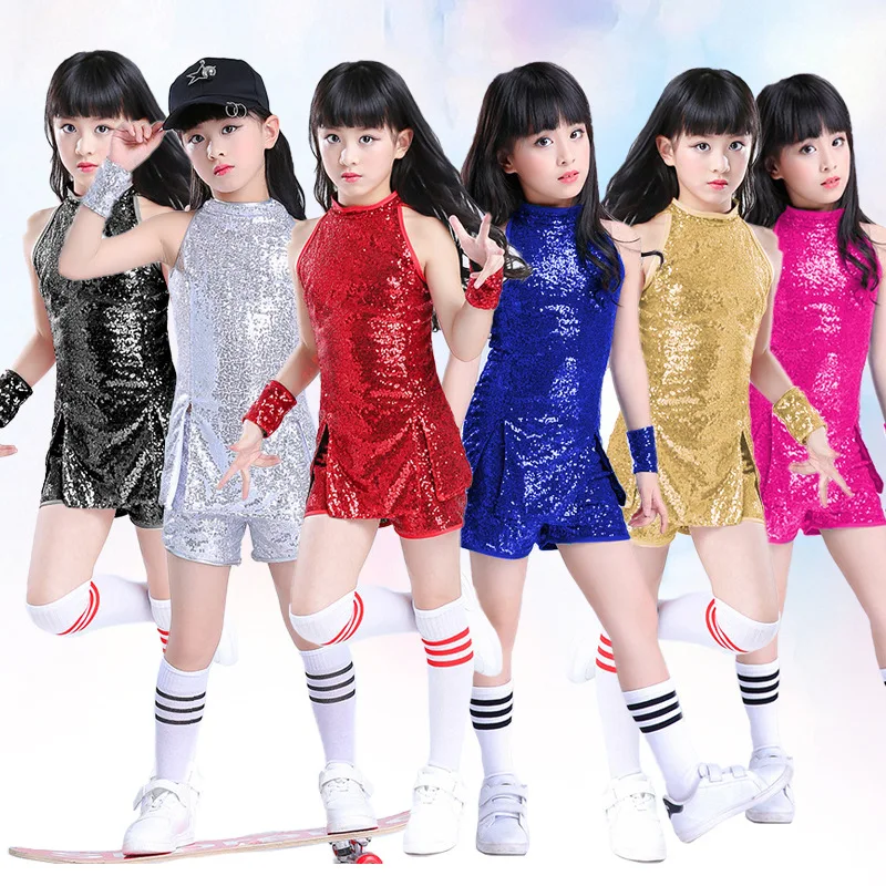 

Kids' new hip hop outfit jazz outfit Girls' outfit sequins off-the-shoulder hip hop cheerleading stage costume