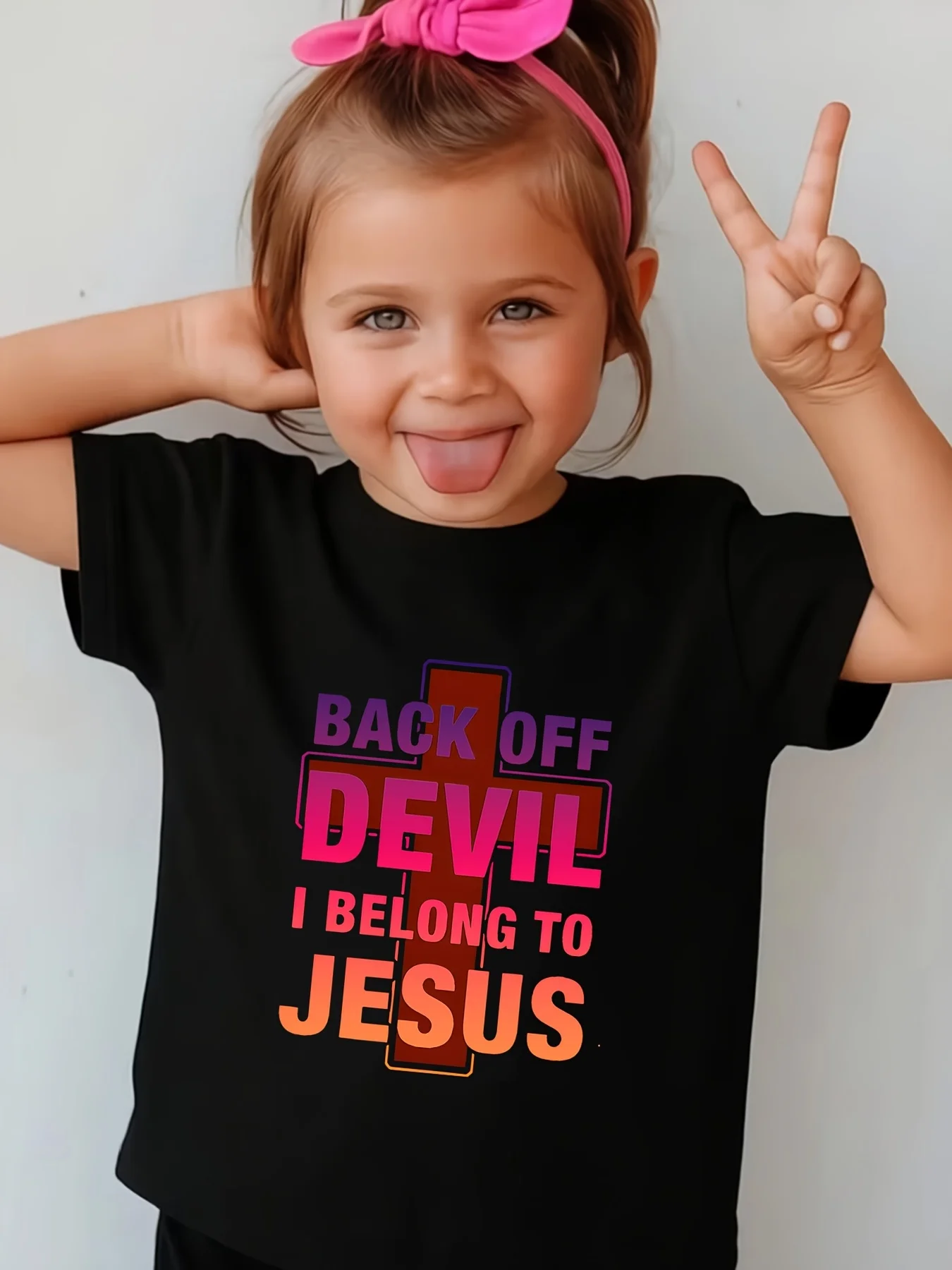 Kids Back Off Devil Jesus Cross Letter Graphic Tee Boys Girls Family Matching Short Sleeve Religious Faith Casual Daily T Shirt