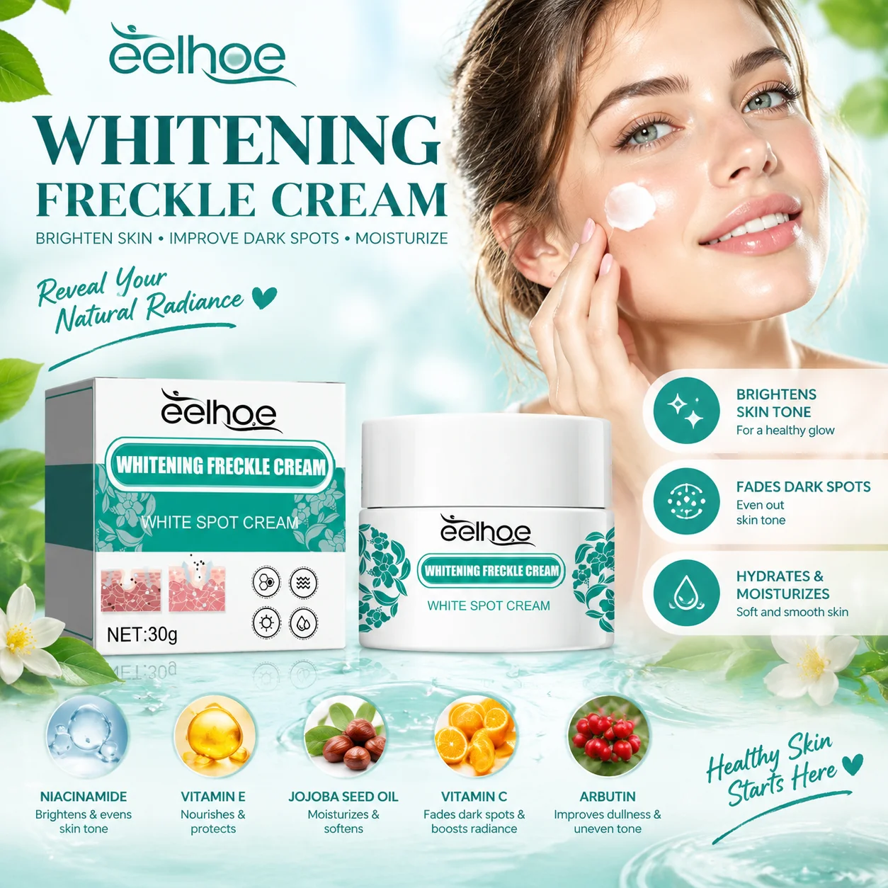 EELHOE Niacinamide Cream Chloasma Melanin Removal Melasma Lightener Smooth Skin Brightening Vitamin C Arbutin Freckle Cream 30g