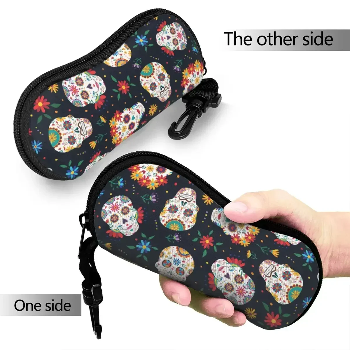 حافظة نظارات يوم الموتى على شكل جمجمة السكر للجنسين، صندوق تخزين نظارات هيكل عظمي مكسيكي للهالوين، صندوق نظارات شمسية #2