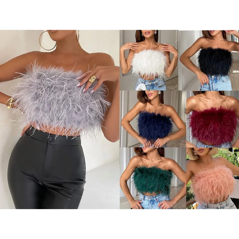 Women's Strapless Fashion Fluffy Multi Colored Fur Strapless Versatile Spring and Summer New Items