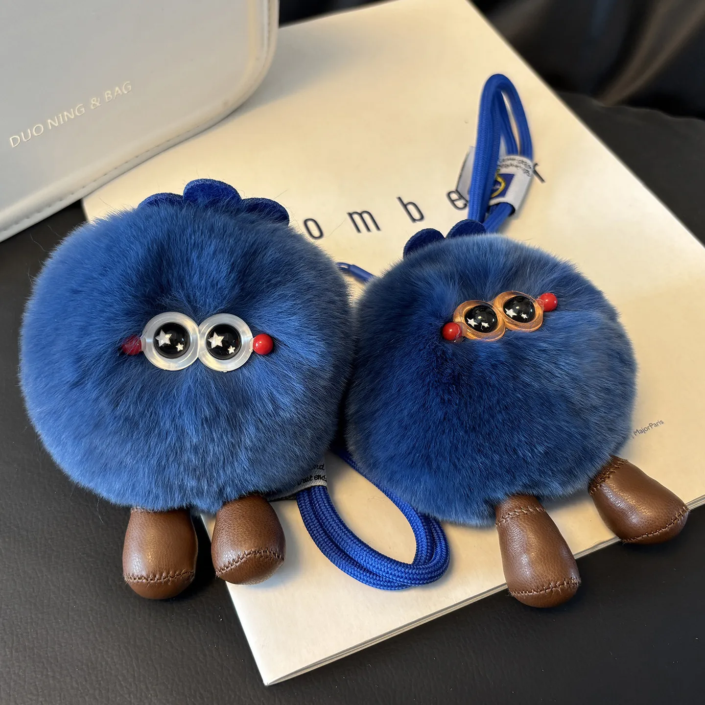 Real Otter Rabbit Fur Cute Little Blueberry Car Keychain Plush Doll Bag Charm Couple INS Trendy