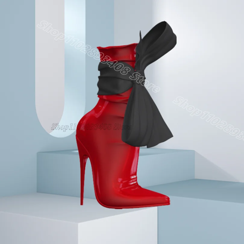 

Red Patent Leather Silk Decor Boots Spring Stylish Pointed Toe Women Casual British Style Short Boots 2025 Zapatos Para Mujere