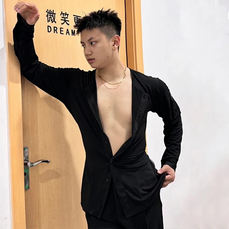 New Men Latin Dance Tops Black Long Sleeves Shirts Mesh Backless Cardigan Cha Cha Rumba Salsa Dance Performance Costume DNV21301