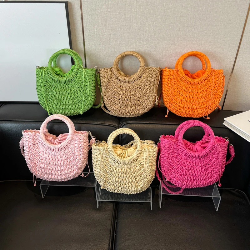 Orange Straw Bag Women Rattan Hand-Woven Handbag Small Half Moon Design Shoulder Crossbody Bag Lady Fashion Beach Bag