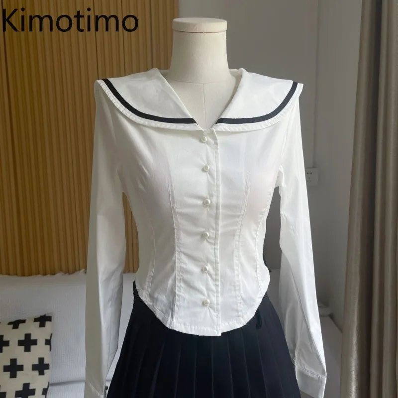Kimotimo Women Shirts Preppy Style Sailor Collar Slim Fit Waist Irregular Crop Top Autumn Vintage Y2k Aesthetic Button Up Blouse