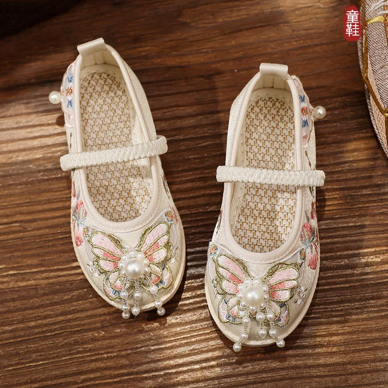 Girls Shoes Spring Autumn New Chinese Style Ancient Hanfu Embroidered Butterfly Mamian Skirt Kids Embroidered Shoes Summer
