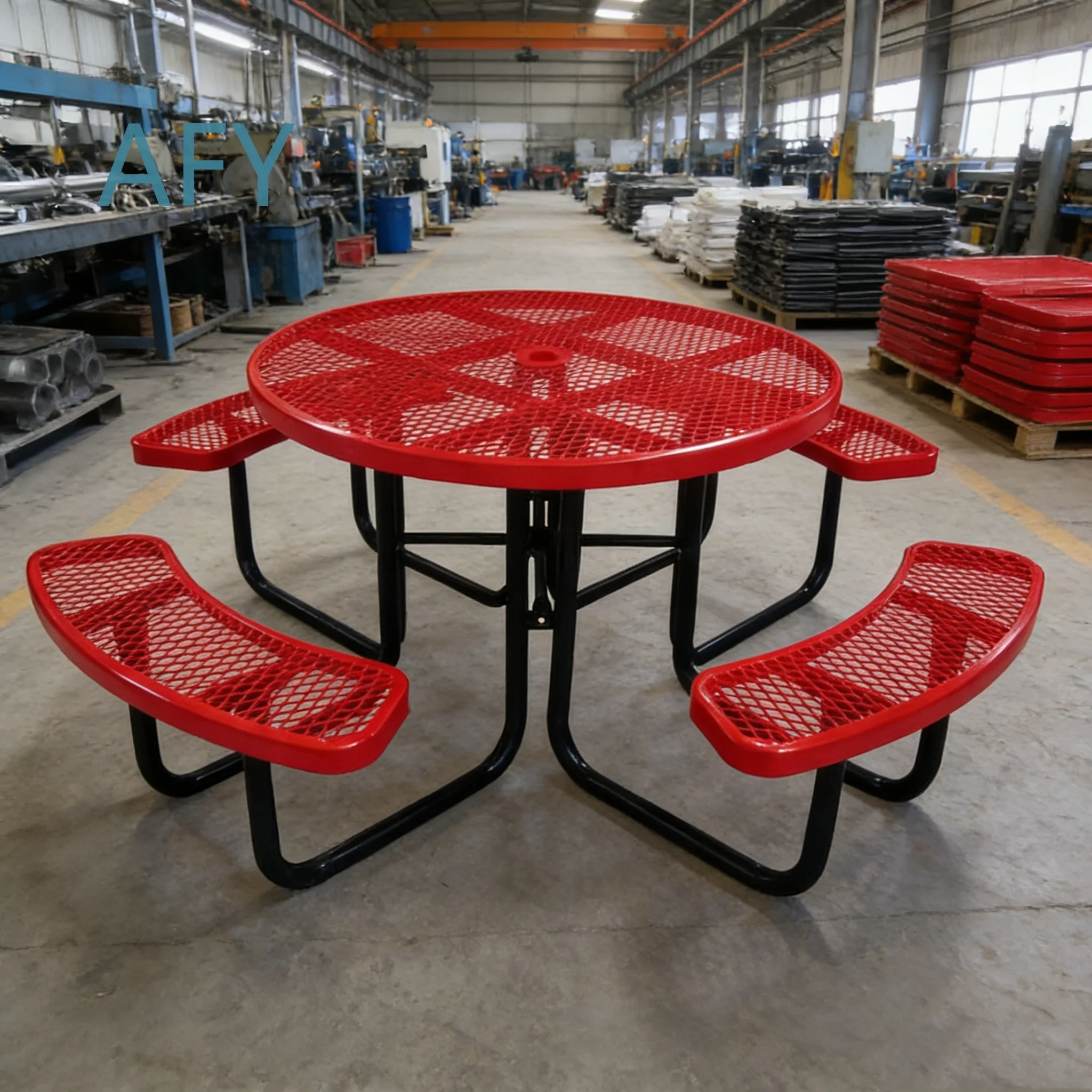 Outdoor Picnic Table and Bench Set for Commercial Use Round Steel Public Furniture for Outdoor Dining Patio Recreation Park