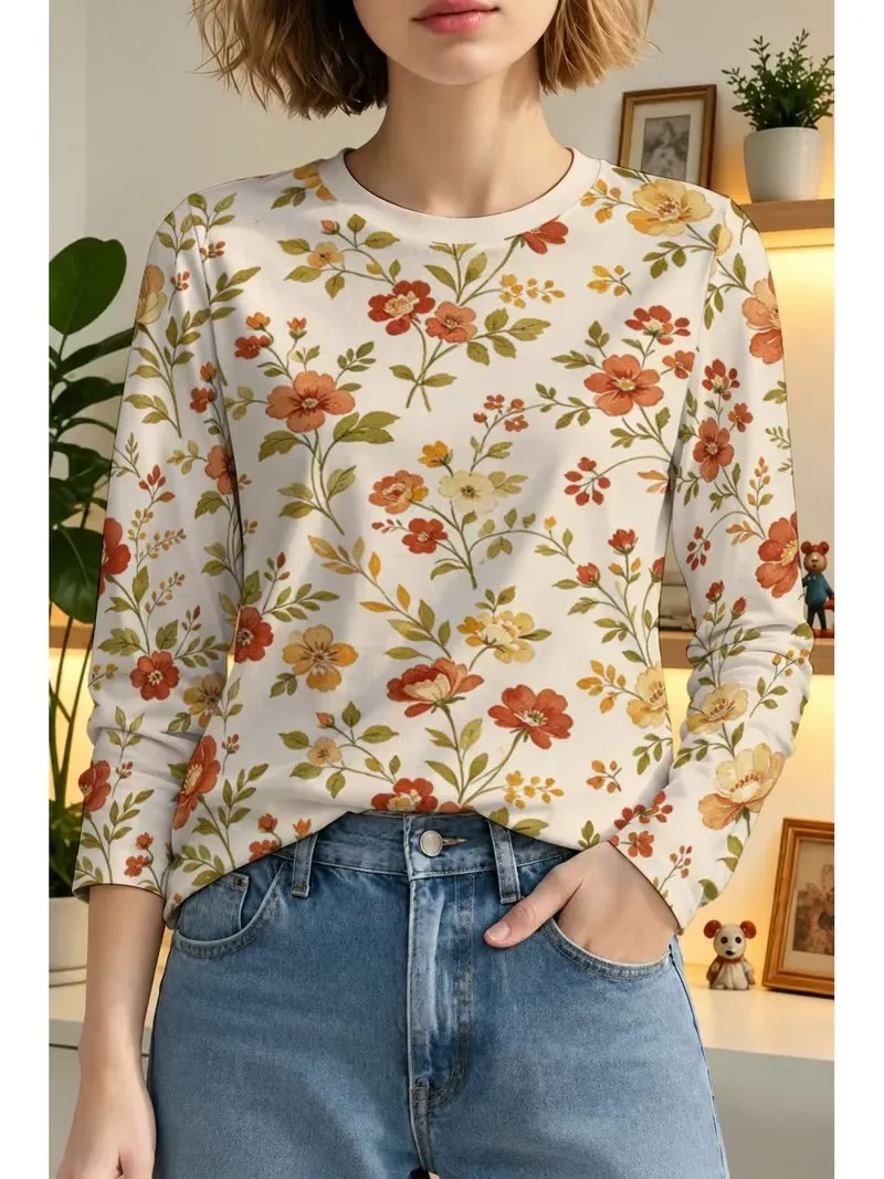 Women Vintage Floral Print Blouse O-Neck Long Sleeve Shirt Ladies Casual All Over Floral Pattern Daily Wear Tops Spring Autumn