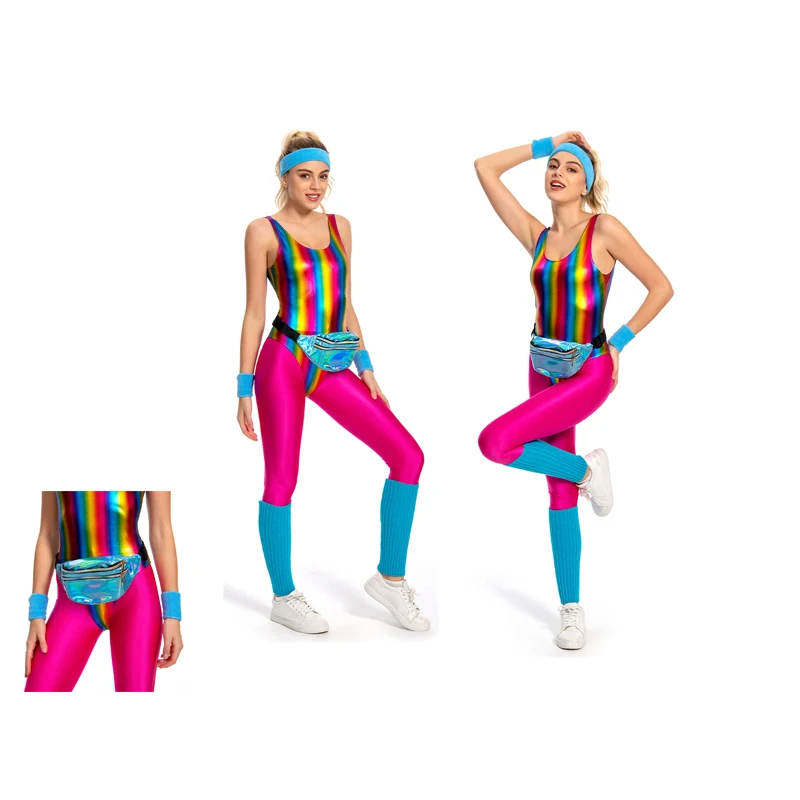 6Pcs/Set Retro 80s 90s Women Legging Cosplay Costume Girl Jumpsuit Colorful Glossy Sportwear Headband Outfits Halloween Suit