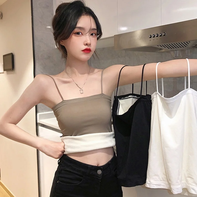 Women's Fleece Lined Vest Small Strap Thick Warm Winter Thermal Underwear Suit Inner Wear Beautiful Back Bra Integrated Top
