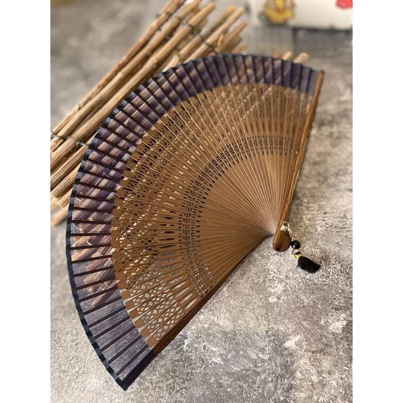 

Zhi Mo Chinese style Hanfu portable mini folding fan solid color hollow carving simple but elegant summer small fan navy blue.