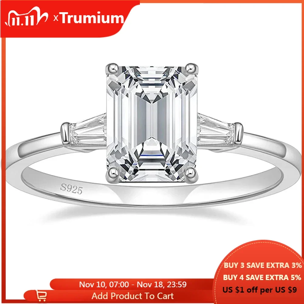 Trumium 3CT 925 Sterling Zilveren Verlovingsringen 3-Stone Emerald Cut Zirconia Bruiloft Belofte