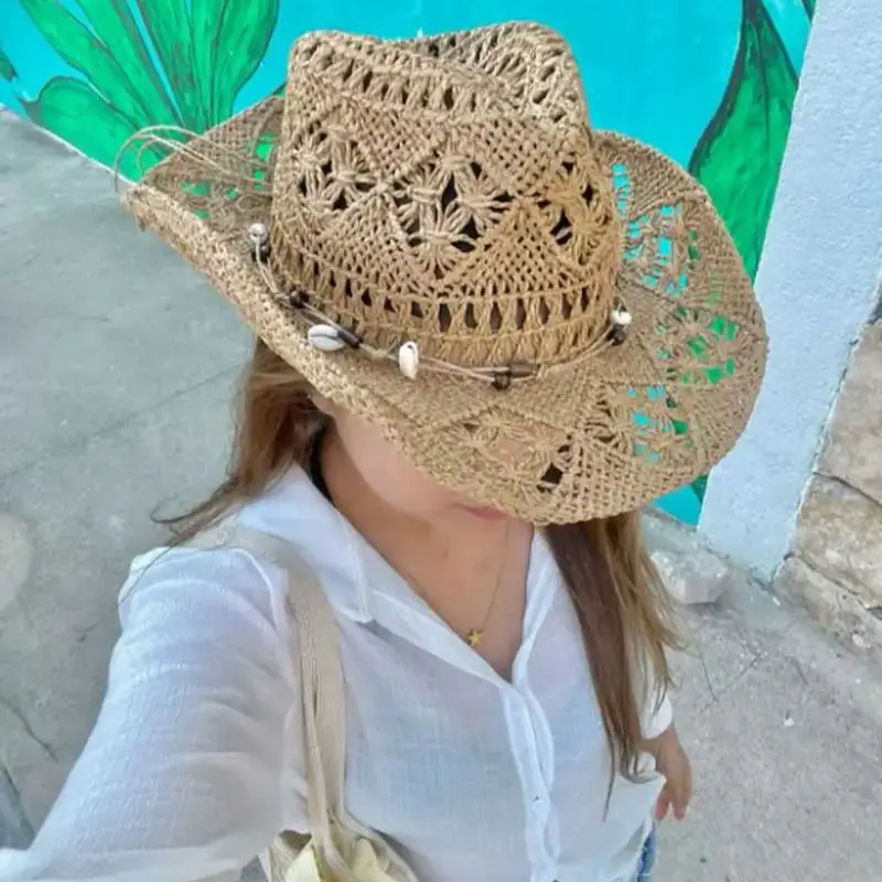 Summer Straw Hat Beach Women Men Cowboy Hats Wooden Beads Hollow Out Western Wide Brim Sun Hat  chapeau cowboy