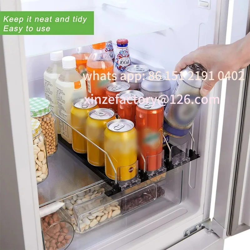 

Customizable Canned Beverage Push Rack Drink Organizer Dispenser Spring Push Adjustable Width Storage Shelf E-shaped Glide