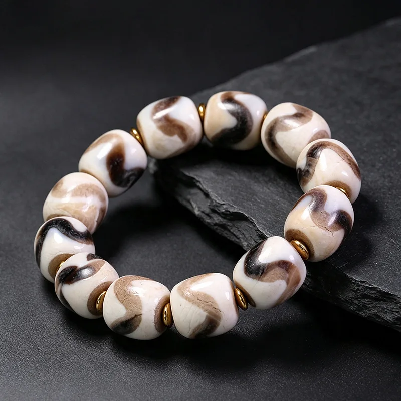 Authentic Old Mine Agate from Tibet - Calcified by Fire and Buried in the Ground - Tiger Tooth Dzi Bead Bracelet, approximately