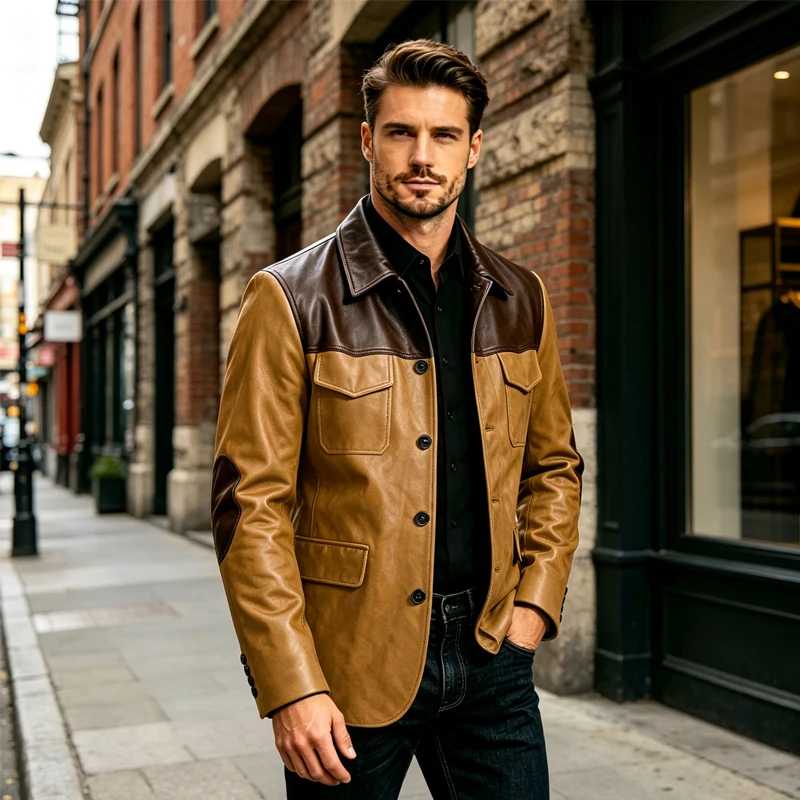 Vintage Men Leather Blazer Color Block Lapel Collar Elbow Patches Slim Fit Suit Jacket Casual Outdoor with Multi Pockets For Men