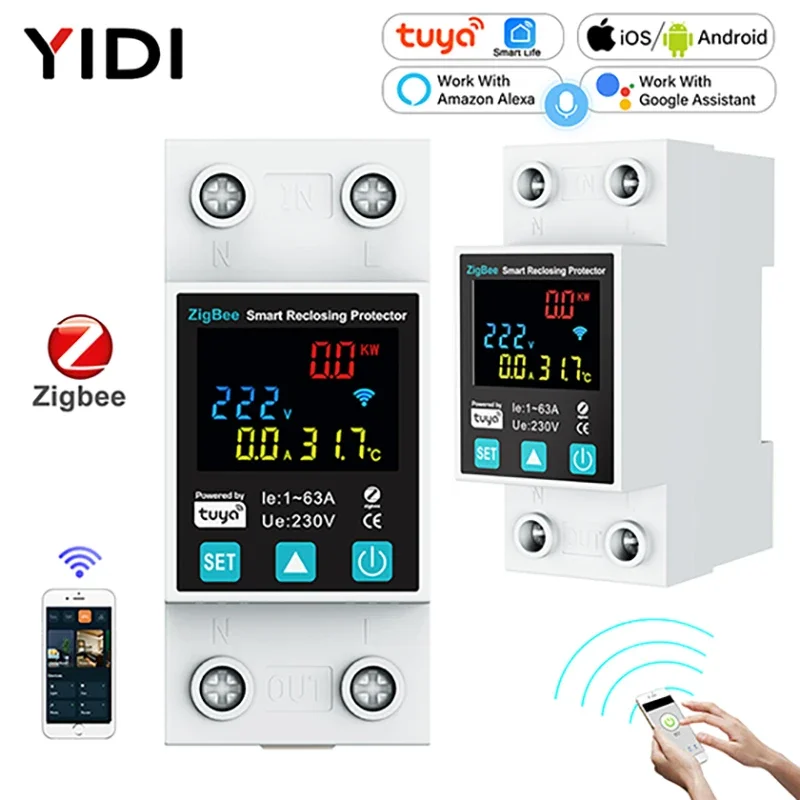 Tuya ZigBee Smart Reclosing Protector Circuit Breaker 63A Earth Leakage Over Under Voltage Relay Switch Energy Meter Smart Life