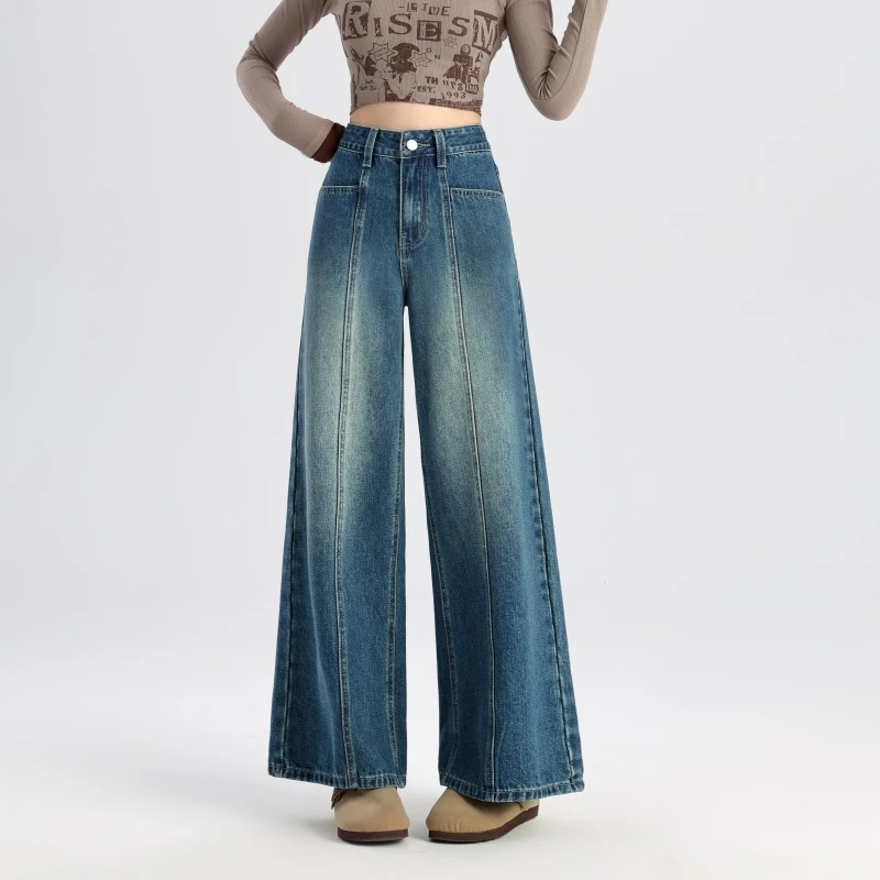 2024 New Arrival Women's Jeans Vintage Blue High Waist Flare Pants Autumn Winter American Sweet Cool Style Slimming Trousers