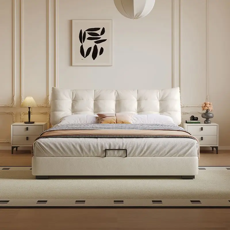 High-end light luxury solid wood leather bed double modern simple cream wind bed household soft bag master bedroom bed furniture