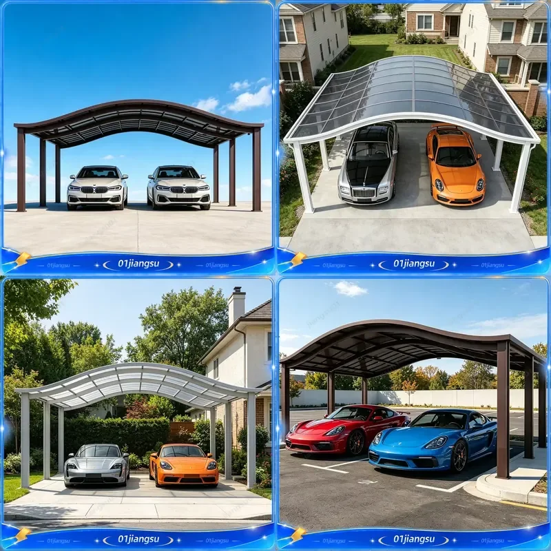 Double Car Aluminum Carport Curved Polycarbonate Roof Windproof Durable Metal Garage Shelter Outdoor Vehicle Parking Canopy