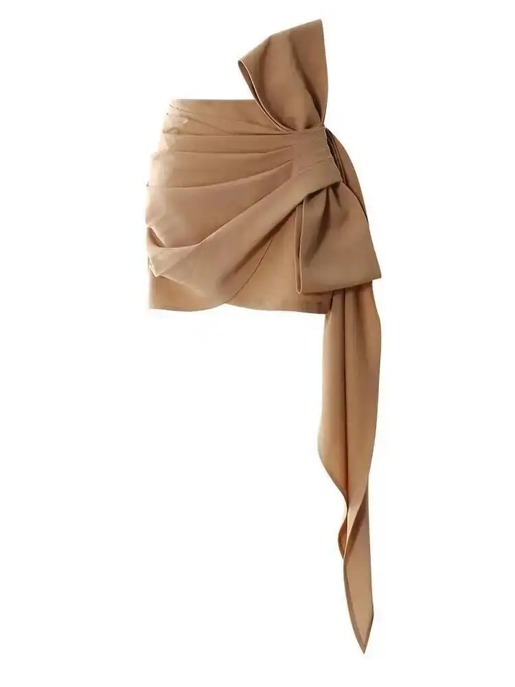 Waist Khaki Pleated High Bandgae Bow Elegant Mini Half-body Skirt Women Fashion New Spring Autumn 2026 7ABD